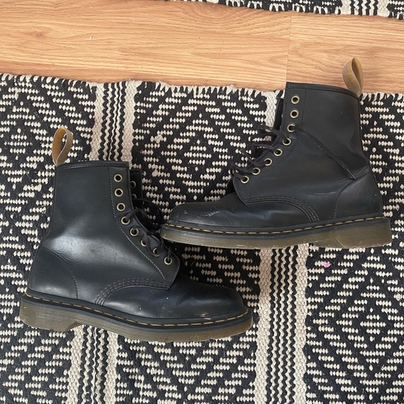 Dr. Martens Shoes - Dr. Martens Black Leather Lace-Up Combat Boots with Yellow Stitching